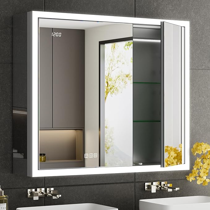 36x30 Lighted Medicine Cabinet with Mirror & Clock -Surface or Recessed Aluminum Medicine Cabinet with Dimmable Light & Outlet, Anti-Fog, Built-in Sensing Light, Assembly-Free