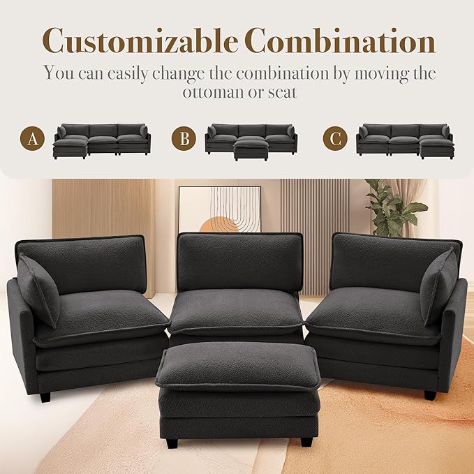 ROWHY 112'' Sectional Cloud Couch with Movable Ottoman, 4 Seat Modern Chenille Modular Sofa with 2 Throw Pillows, Deep Seat L Shaped Couch for Living Room Bedroom Apartment, Dark Grey | Sturdy Frame