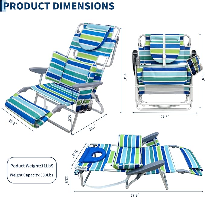 GarveeLife Backpack Beach Chair for Adults, Lightweight Portable Lay Flat Folding Beach Chair with 5 Reclining Positions, Backpack Straps, Phone Pocket (with Face Hole - 2 Pack)