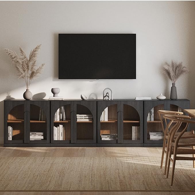BELLEZE Bijou Set of 4 Wall-to-Wall Storage Cabinets (126" Wide) - Grand Sideboard Buffet System w/8 Arched Glass Doors - Massive Entertainment Center & Display Console for Living Room, Office, Ebony