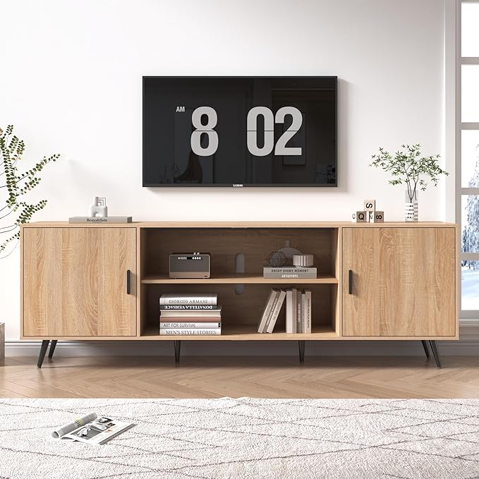 80 Inch Mid Century Modern TV Stand for 75 Inch TV, Wood TV Stand with Storage, Entertainment Center for Living Room Bedroom, TV Media Console, Oak