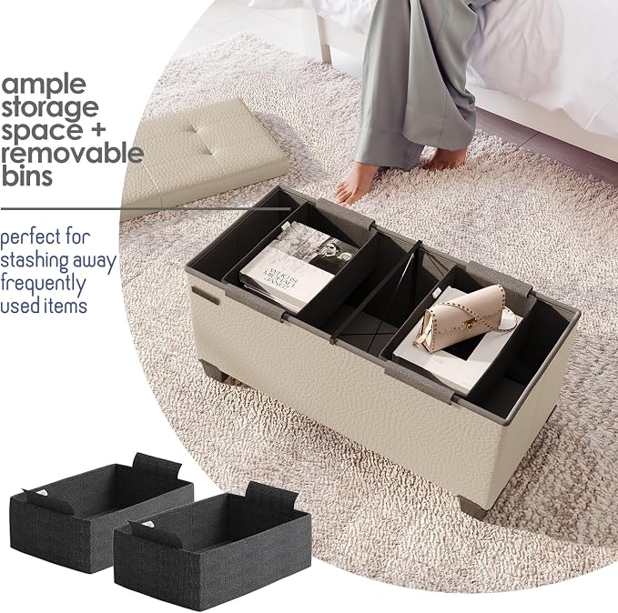 Storage Ottoman Bench with Bins, 30-in Storage Bench for Bedroom End of Bed, Folding Foot Rest Ottoman for Living Room Max 660lbs, Leather Ottomans, Beige
