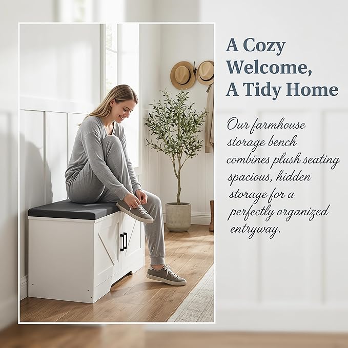 HOMSHO 2-Tier Storage Bench, 39.4" Wide Shoe Bench with Padded Seat Cushion, Entryway Bench with 2 Barn Doors and Adjustable Shelf, White