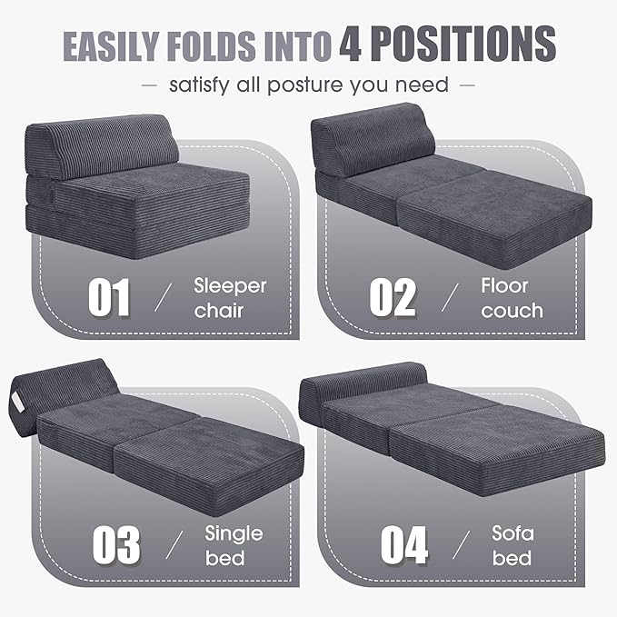 Kasunpul Folding Sofa Bed with Pillow, Memory Foam Fold Out Chair Bed, Convertible Sleeper Chair with Washable Cover, Futon Floor Couch for Living Room/Dorm/Guest Use/Home Office/Apartment, Gray