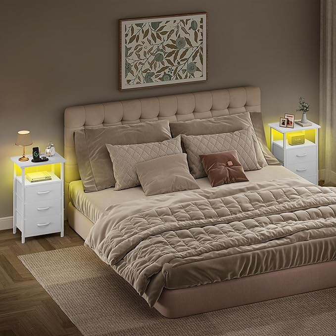 Vagusicc Night stand Set 2 with Charging Station, LED Nightstand for Bedroom, White Bedside Table with 3 Fabric Drawer, End Table Side Table with USB Ports & Outlets, Bed Side Table for Bedroom, White