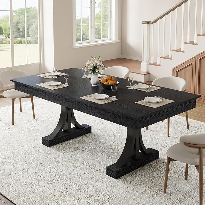 Garvee 71-Inch Dining Table with 2 Drawers,Rectangular Dining Table for 6-8 with Double Pedestal & Sturdy Frame, Industrial Wooden Kitchen Table with Large Tabletop, for Dinner, Rustic Black