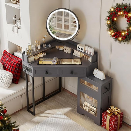 FREDEES Corner Vanity with Mirror and Lights,Modern Makeup Vanity Set with Power Outlet,Large Storage Dressing Table with Drawers and Shelves for Women/Girls,Grey