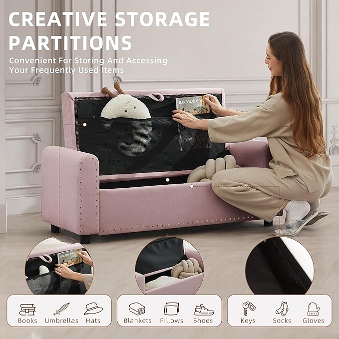 48" Ottoman with Storage, Tufted Storage Ottoman Bench, Convenient Living Room Fabrics Bench Seat, Entryway Shoe Benches with Inner Zipper & Arm, Upholstered Window Seat Ottomans with Rivets,Pink
