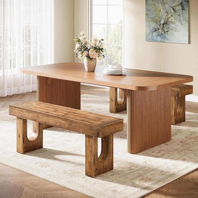 47" Long Solid Wood Dining Bench, Farmhouse Indoor Narrow Kitchen Table Bench with Sturdy Legs for Dining Room, Kitchen, Living Room, Easy Assembly, Rustic Brown