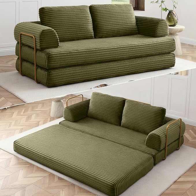 HANXIN 80 Inch Convertible Sleeper Sofa Bed, High Back Plush Corduroy Folding Floor Mattress Couch with Fixed-Shape Frame, Boneless Futon Loveseat with Pull Out Bed, No Assembly Required (Green)