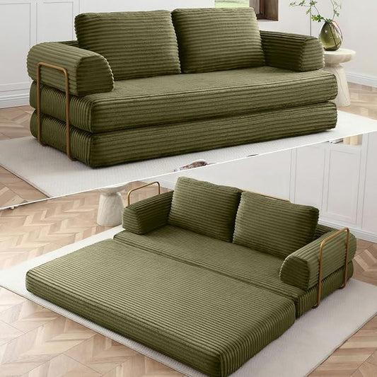 HANXIN 80 Inch Convertible Sleeper Sofa Bed, High Back Plush Corduroy Folding Floor Mattress Couch with Fixed-Shape Frame, Boneless Futon Loveseat with Pull Out Bed, No Assembly Required (Green)