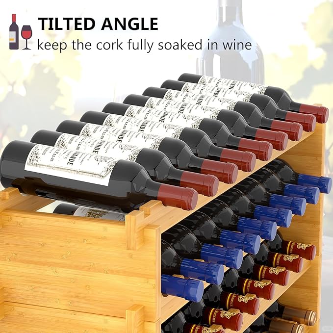 Bamboo Wine Rack Stackable, 8-Tier 72 Bottles Large Capacity, Modular Wine Storage Rack Free Standing, Floor Wine Display Shelf