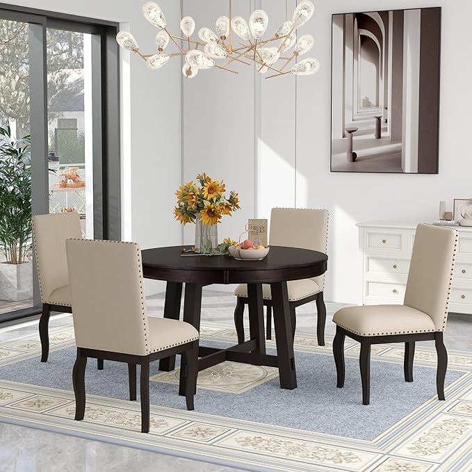 Harper & Bright Designs Farmhouse Extendable Round Dining Table Set, Round Wood Table with Shelf and Upholstered Chair Set Perfect for Family