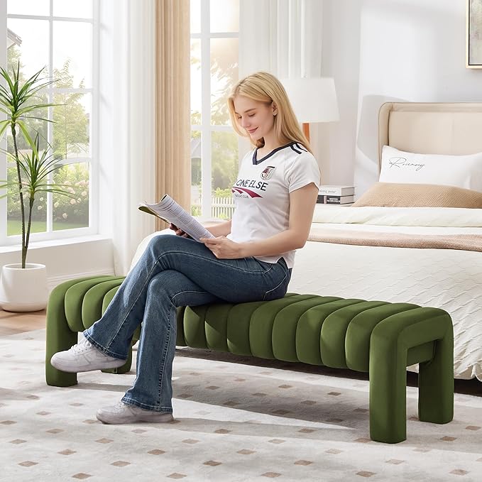 63” Dining Room Bench, Olive Green Tufted Upholstered End of Bed Bench, Modern Entryway Ottoman Window Seat with Solid Wood Legs and Padded Seat for Bedroom, Hallway and Living Room (Velvet)