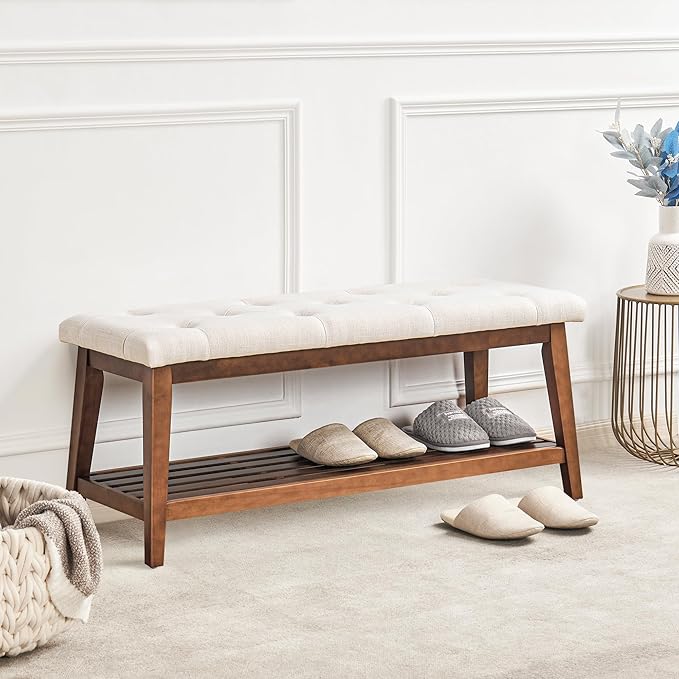 kinmars Upholstered Bench for Bedroom End of Bed,42.5-inch Entryway Bench for Living Room,Dining Bench with Padded Seat and Solid Wood Leg for Kitchen Bedroom,Indoor and Hallway (Shoe Bench, Beige)