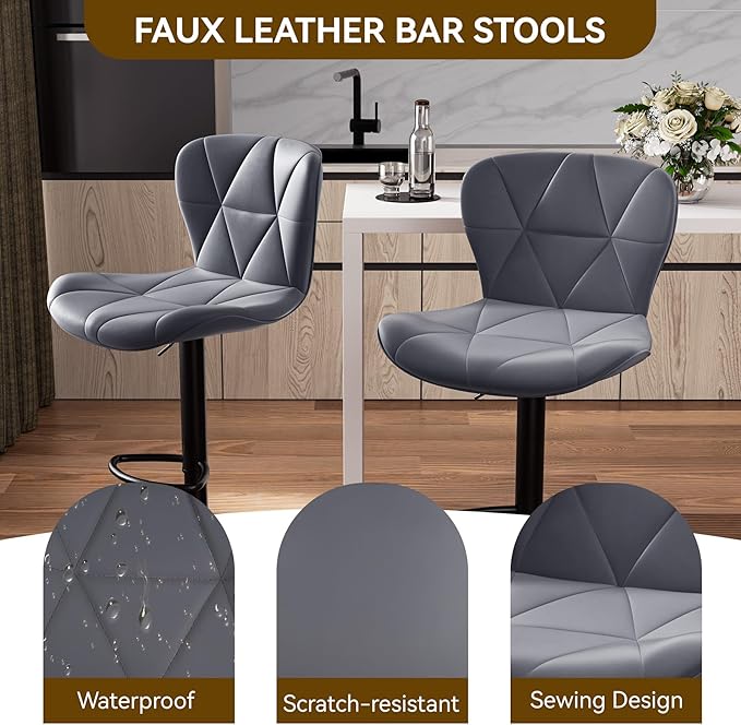 Nalupatio Modern Bar Stools Set of 2, Adjustable Faux Leather Upholstered Swivel Bar Stools, Counter Height Bar Chairs with Back for Kitchen Island, Dark Grey