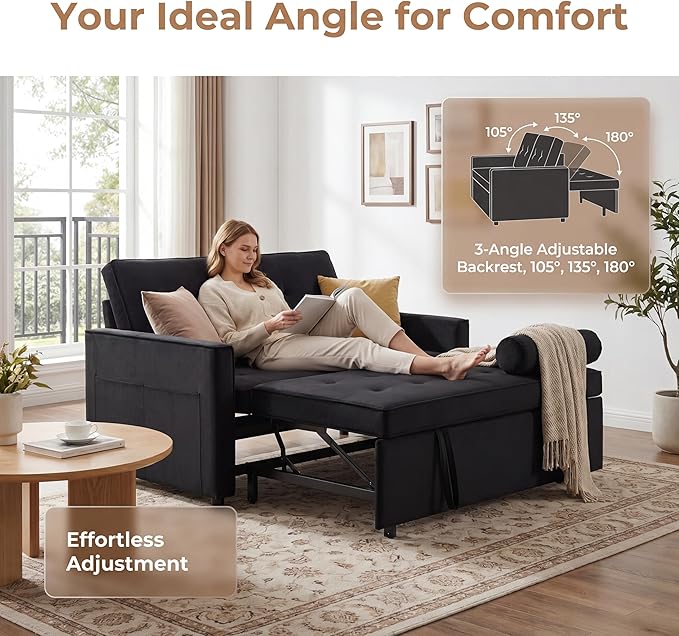 Convertible Sofa Bed, Pull Out Couch with Side Pockets, 3 in 1 Velvet Fabric Loveseat Sleeper Sofa Bed, Pull Out Couch with Adjustable Backrest for Living Room, Bedroom, Apartment, Light Gray