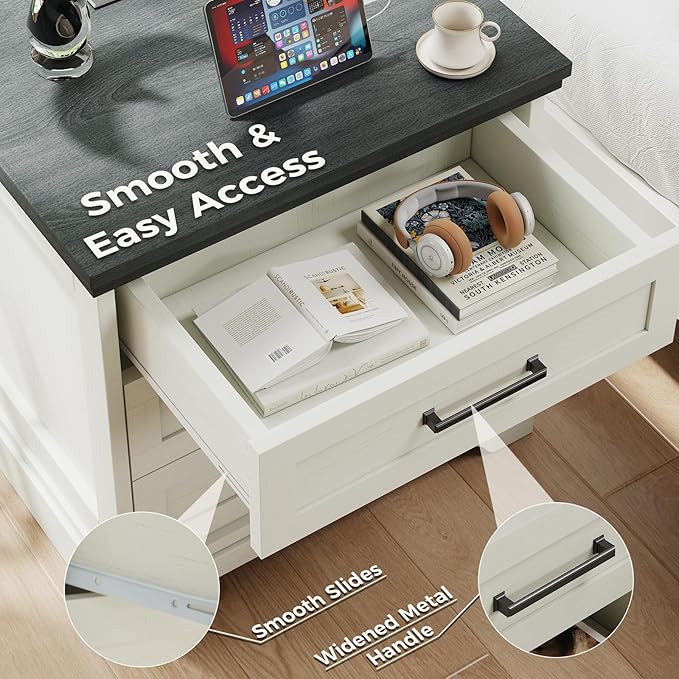 DUMOS Nightstand with Charging Station, Wood Farmhouse Bedside Table with 3 Drawers, End Table, Modern Side Table for Small Bedroom, Living Room, White