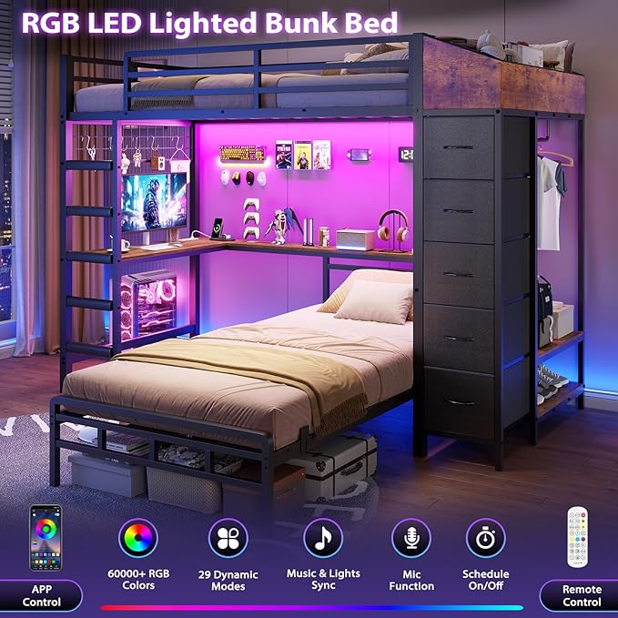 VIAGDO Bunk Bed Twin Over Twin with Hall Tree, Charging Station and LED Lights, L-Shaped Bunk Bed with Desk, 5 Storage Drawers, Twin Bunk Beds with Guardrail & Stairs, No Box Spring Needed, Black