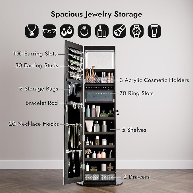 Zamildon's LED Mirror Jewelry Armoire, 360° Swivel Full Length Mirror Cabinet, Freestanding Mirrored Jewelry Organizer with LED Lights and Storage Shelves, Black