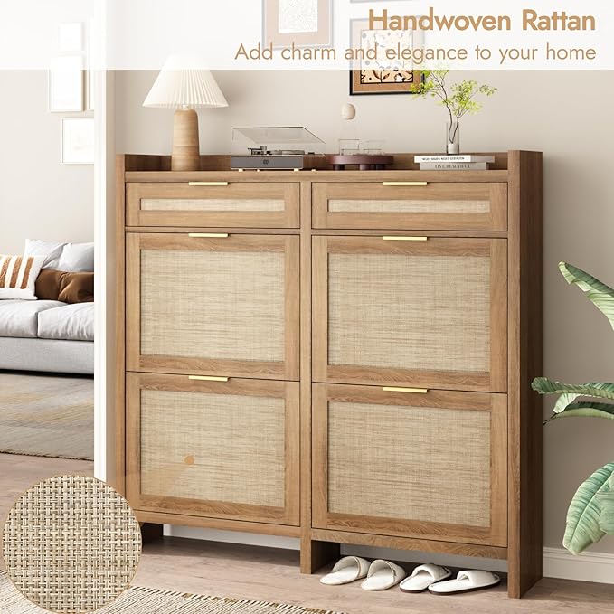 HOKYHOKY Large Rattan Shoe Storage Cabinet with 4 Flip Drawers & 2 Storages–Hidden Slim Shoe Organizer for Entryway, Large Tabletop Space, Farmhouse Boho Narrow Shoe Rack, Rustic Oak