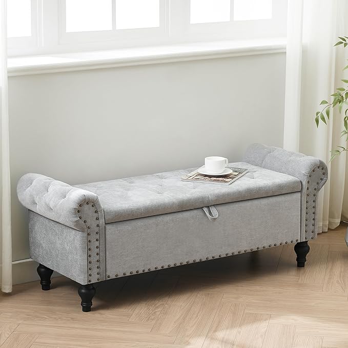 51" Storage Ottoman Bench, End of Bed Bench for Bedroom, Window Benches for Foot of Bed, Chenille Upholstered Benches, Storage Ottomans for Living Room, Entryway, Light Gray