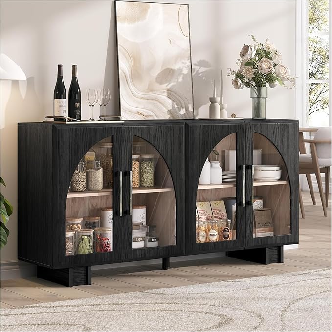 JOINICE Round Coffee Table and Sideboard Buffet Cabinet Set,31.5" Fluted Center Table with Sliding Door for Living Room,63" Arched Credenza Storage Cabinet with Glass Doors,Modern Wood Furniture,Black