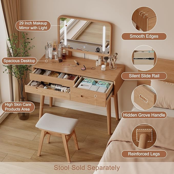 Solid Wood Vanity with Mirror and Lights, Adjustable Brightness, Wood Makeup Vanity with 3 Drawers, Semi-Assembled, Vanity Desk for Bedroom (Natural)
