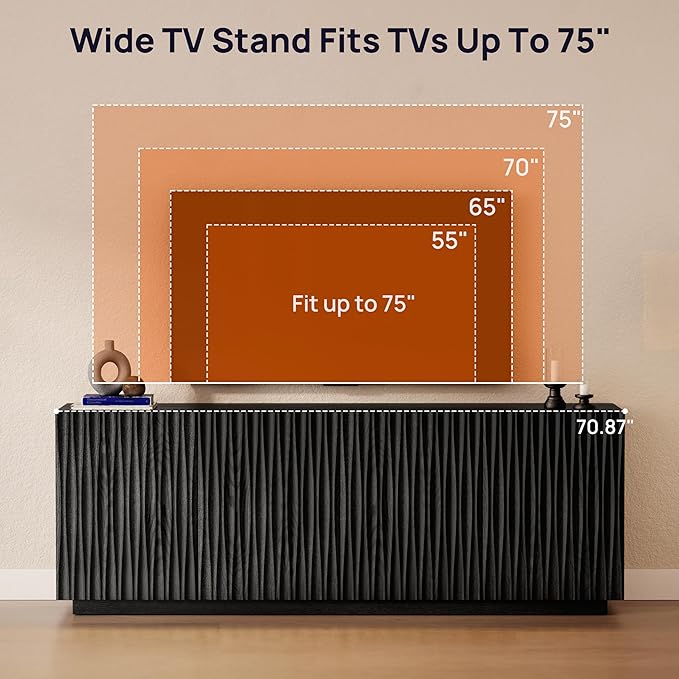 70" Fluted TV Stand for TVs Up to 50/55/65/75", Mid-Century Modern Entertainment Center for Living Room, Tall Sideboard & Storage Cabinet Wavy Media & TV Console, 8 Cable Holes&Soft-Close,Black Walnut