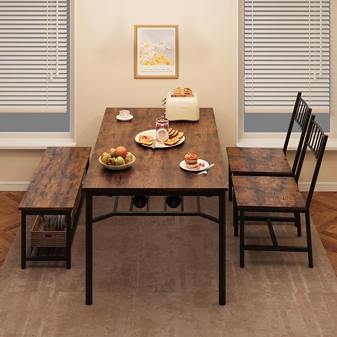 Garvee Dining Table Set for 4 with Bench and Chairs, 4-Piece Kitchen Table Set with Storage – Space-Saving Dining Table for Apartments and Dining Rooms, Brown