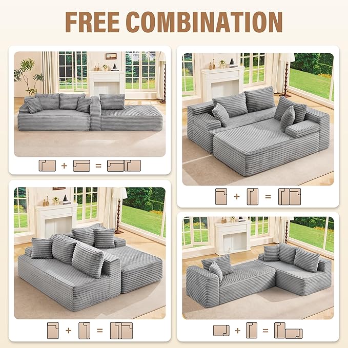 Hobestluk Modular Sectional Sofa Boneless Couch L-Shape Couch 3 Seat Modular Couch Memory Foam Sectional Couches for Living Room Furniture, Cloud Couch with Oversized Chaise (108" Right Facing Chaise)