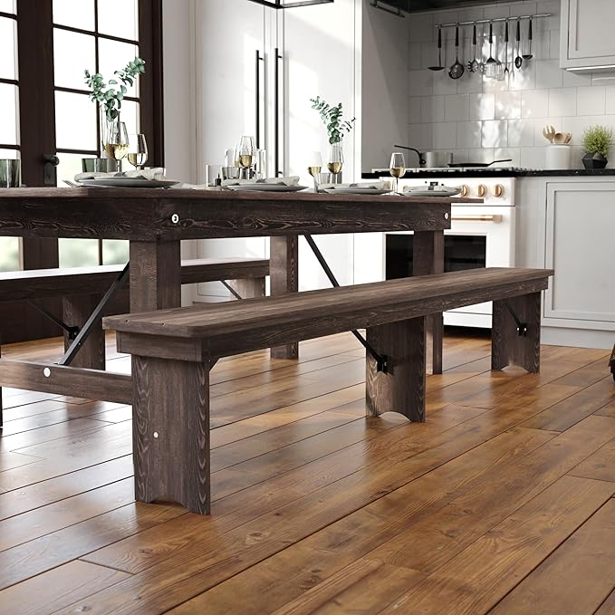 Flash Furniture HERCULES 8' x 12" Solid Pine Folding Farm Bench in Antique Rustic Mahogany