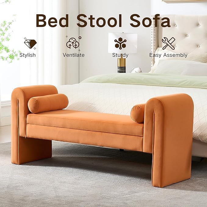 Modern Bench for Bedroom End of Bed, 60.5" Velvet Upholstered Rolled Armed Stool Bench, Sofa Ottoman Long Bench with 2 Pillows for Entryway/Hall/Bedroom/Living Room(Orange-60.5 Inch)