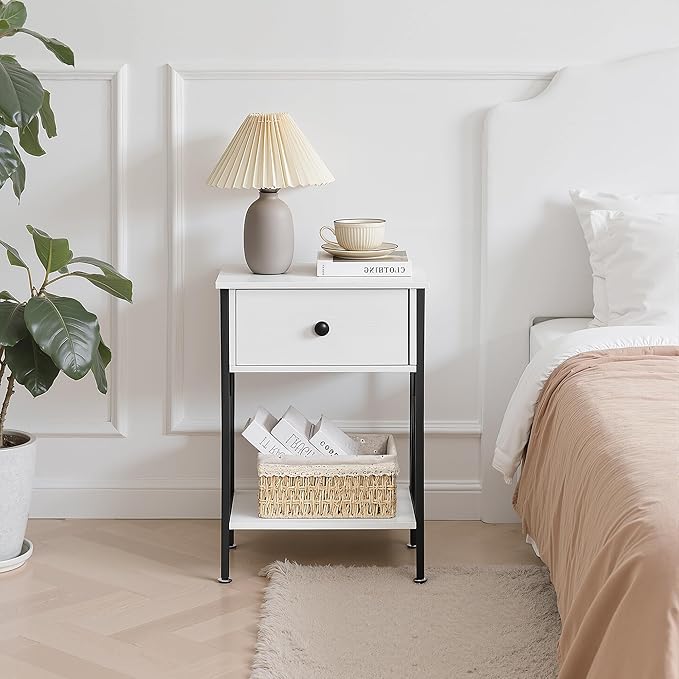 VECELO Nightstands Set of 2, Modern Bedside End Tables, Night Stands with Drawer and Storage Shelf for Living Room Bedroom, Industrial Metal Frame