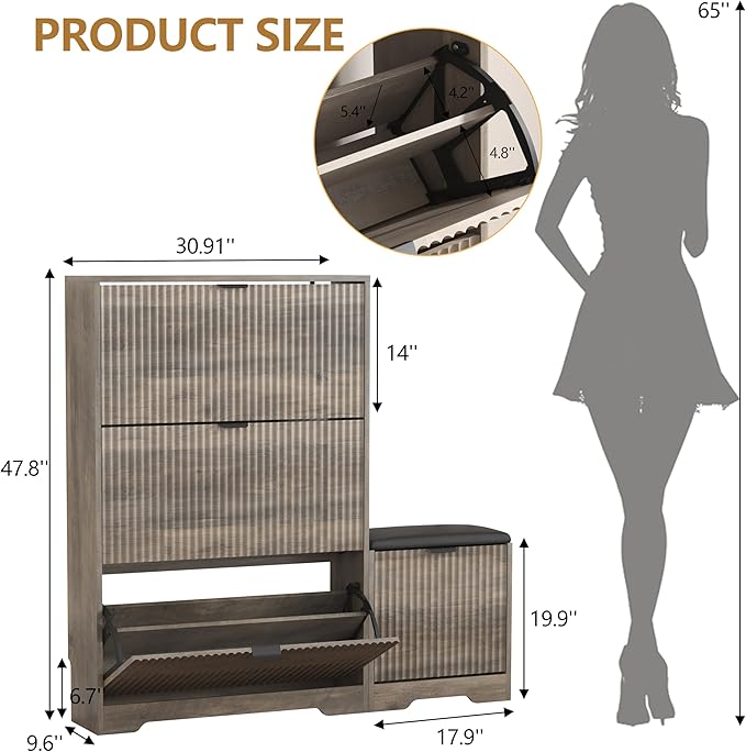 HUANLEGO Shoe Cabinet Storage for Entryway with 4 Flip Drawers, Grey Fluted Shoe Cabinet with Bench, Wooden Hidden Shoe Rack Freestanding Narrow Slim Shoes Storage Organizer for Hallway, Entrance