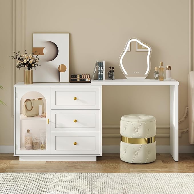 RoyalCraft 59” Makeup Vanity Desk, White Vanity Dresser Combo, Modern Dressing Table with 3 Drawer & 1 Door, Vanity for Bedroom, L Sharped Corner Table for Working, Drawing, Nail Care (Without Mirror)