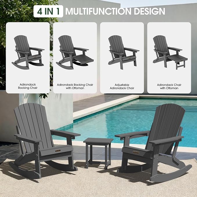 Adjustable Adirondack Rocking Chair with Retractable Ottoman Footrest, 4-in-1 Foldable HDPE Outdoor Rocker, Weather Resistant Adirondack Chair for Porch, Garden & Poolside, Grey