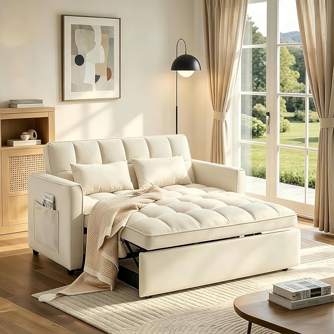 Convertible Sofa Bed, Pull Out Couch with Side Pockets, 3 in 1 Velvet Fabric Loveseat Sleeper Sofa Bed, Pull Out Couch with Adjustable Backrest for Living Room, Bedroom, Apartment, White