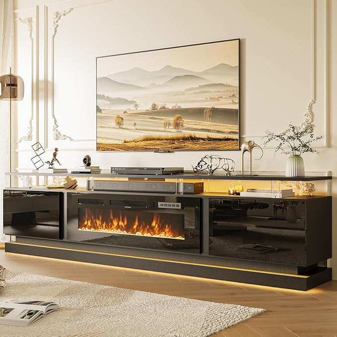 80 Inch Fireplace TV Stand, Modern Entertainment Center for TVs Up to 90", TV Console with Storage Cabinets, Media Console for Living Room, 80IN Black TV Stand and 36IN Black Fireplace