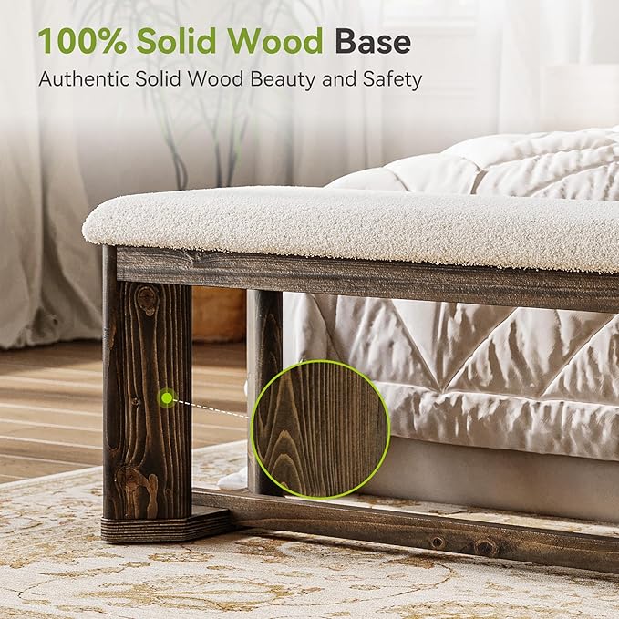 LITTLE TREE 63" Upholstered Bench, Solid Wood Entryway Shoe Bench with Cushion, Long Modern Farmhouse End of Bed Bench with Antique Brown Legs & Faux Lamb Fur Seat for Bedroom 2 PCS