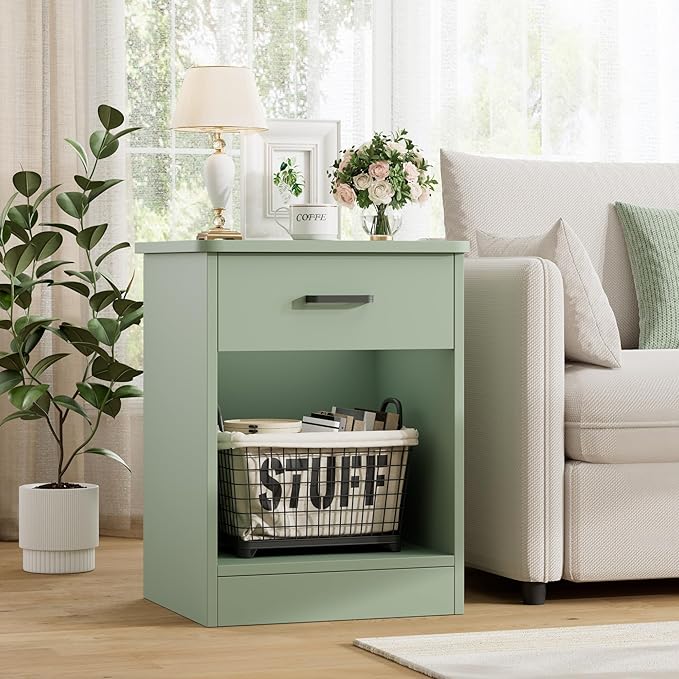 FOTOSOK Nightstand Set of 2, 2-Tier Side Table with Drawer and Storage Shelf, Bedside Table End Table, Modern Night Stand for Bedroom, Home Office, Green