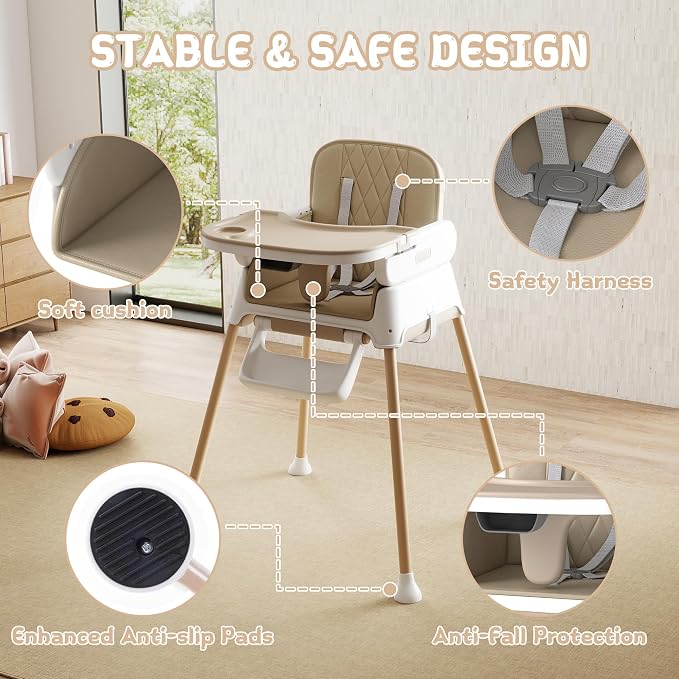4 in 1 Baby High Chair for Babies and Toddlers, Foldable & Portable Convertible Booster Seat, Adjustable Tray & Footrest, Lightweight, Stable, Easy to Clean, Khaki