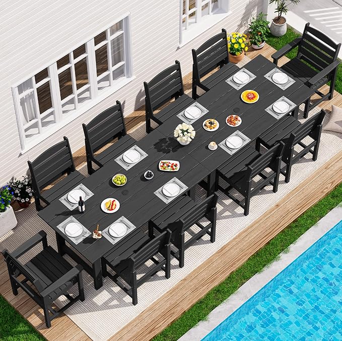 SERWALL Patio Dining Sets for 10 Person, HDPE Dining Set with 2 Tables, 8 Armless Chairs and 2 Armed Dining Chairs, Black