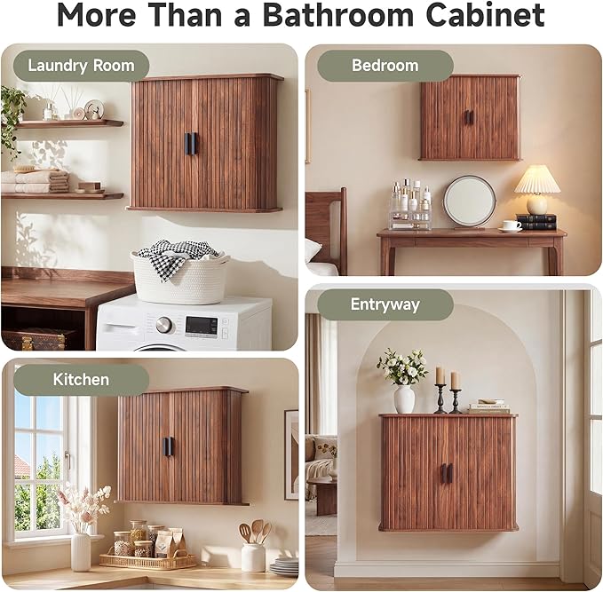 weselon Fluted Wall Mounted Bathroom Cabinet with Sliding Doors, Medicine Cabinet Storage for Over the Toilet, Space Saver Organizer for Small Bathroom Laundry Kitchen (Walnut)