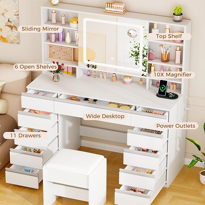 ANWBROAD 43'' Large Vanity Desk with Sliding Mirror and Lights, Makeup Vanity Table with Jewelry Organizer,11 Drawers,6 Shelves, 3Color Lights Makeup Desk with Stool and Power Outlet for Girls UBDT98X