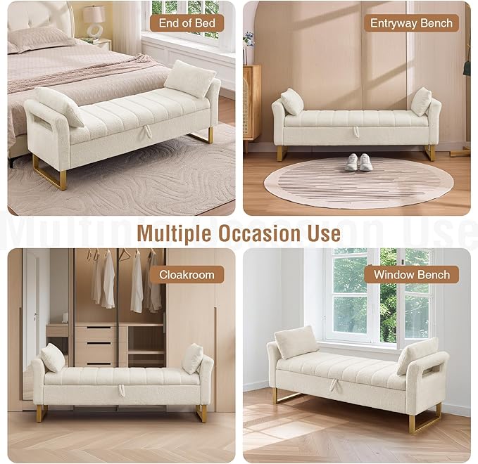 66'' King Size Storage Bench for Bedroom End of Bed, Bedroom Benches for Foot of Bed King with Gold Legs, Cream White Storage Ottoman Bench with Storage for Bedroom, Teddy