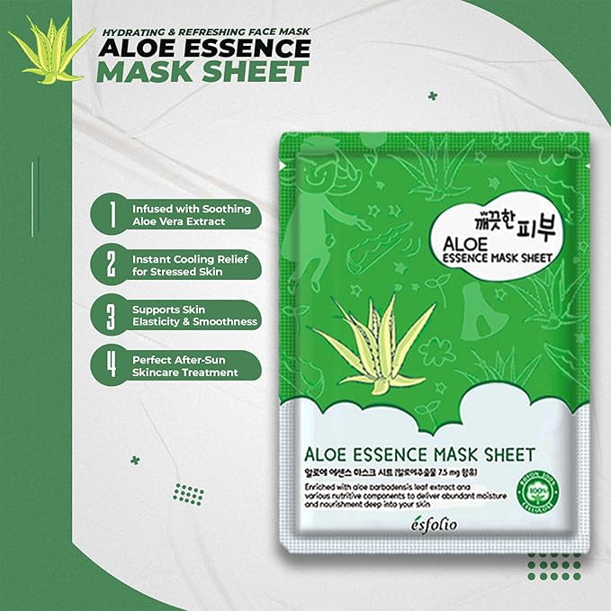 Esfolio Pure Skin Aloe Vera Face Mask Sheet – Hydrating Korean Sheet Mask for Soft, Balanced Skin – Lightweight Daily Skincare with Botanical Extracts – Easy to Use, Made in Korea (Pack of 10)