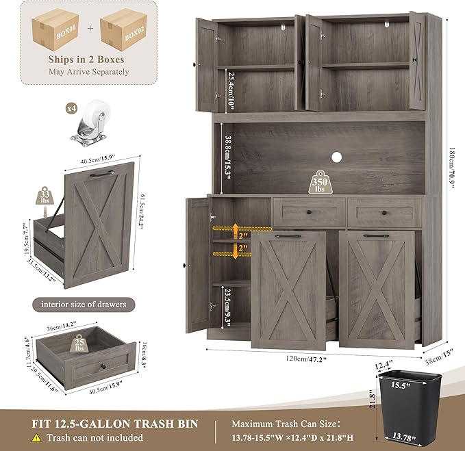 HOSTACK 71" H Kitchen Trash Can Cabinet, 12.5 Gallon Double Pull Out Garbage Can Hutch Cabinet with Trash Bin Storage Holders, 47" Wide Kitchen Pantry with Hidden Garbage Storage, Ash Grey