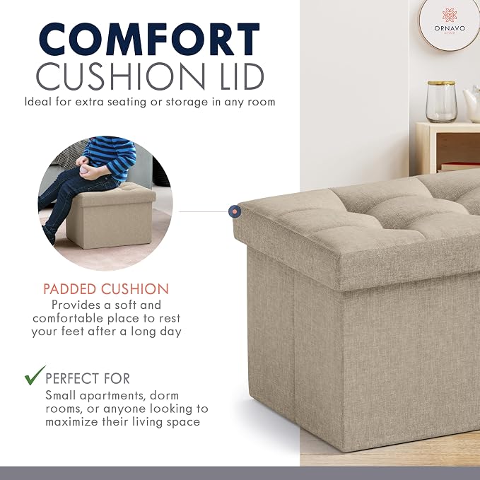 Ornavo Home Small Storage Ottoman Foldable Collapsible Rectangle Linen Ottoman Foot Rest Stool Seat, for Living Room, Bedroom, Home Office, Dorm - 12 x 16 x 12, Taupe