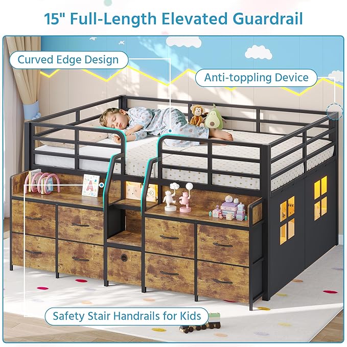 Dnxao Low Loft Bed Full Size with 9 Drawers and 2 Bookcases, Bed Frame for Kids with Charging Station & LED Lights, 15" H Safety Guardrail Metal, Under-Bed Play Space, Vintage Brown